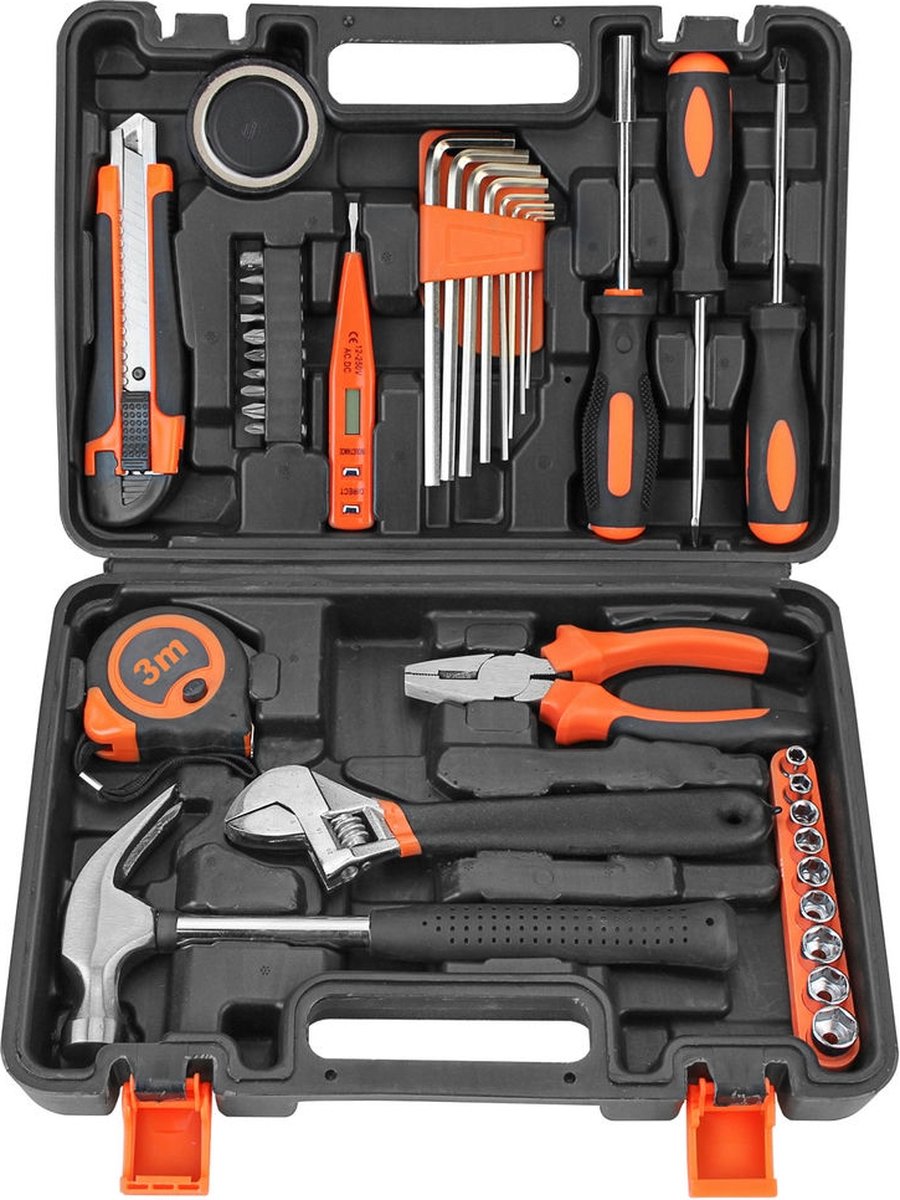 GEREEDSCHAPSKOFFER - 37 DELIG - IN HANDIGE EN STERKE KOFFER - HANDIG ALS : CADEAU VOOR MANNEN EN VROUWEN - HOUSEWARMING CADEAU - Inclusief Tang, Hamer, Moersleutel, Bits en Meer