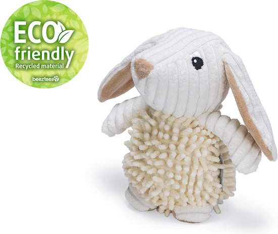 Wit corduroy konijn met beige oren en een bolle, crèmekleurige buik van pluche stof.