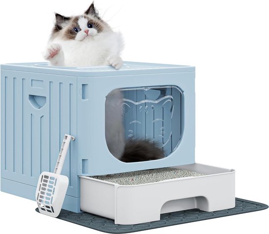 Volledig gesloten kattentoilet met deksel, ladetype, deodoriserende kattenbak, groot, opvouwbare kattentoilet met kunststof schep voor huisdieren-36 * 51 * 34cm-grijs