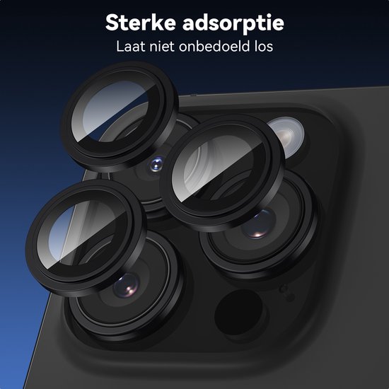 Vier zwarte lenzen met een metalen rand op een zwarte telefoon. Tekst: Sterke adsorptie, Laat niet onbedoeld los.