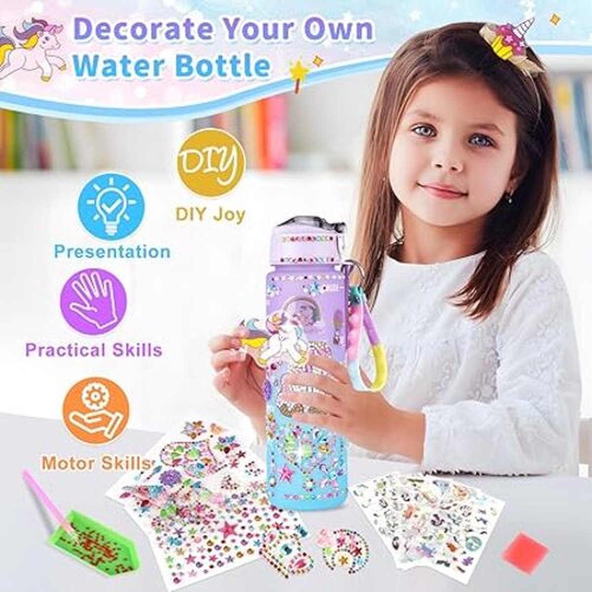Diamant Painting Knutselen Snookids Doe-het-zelf Drinkfles Eenhoorn - Knutselset Voor Meisjes 4-10 Jaar - Met Diamant Stickers & Sleutelhanger Diamant Schilderen Set