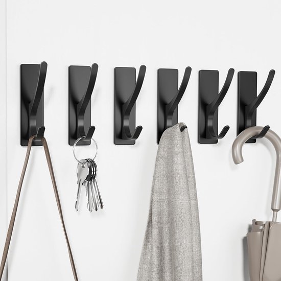 Inovra ® Crochets adhésifs noirs extra forts : crochets sans perçage Capacité jusqu'à 6 kg - Pack de 6 patères en métal inoxydable