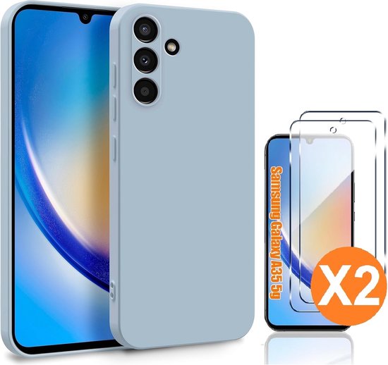 Hoesje geschikt voor Samsung Galaxy A35 siliconen hoesje Licht Blauw zacht TPU backcover - Met gehard glas screenprotector - 2 stuks