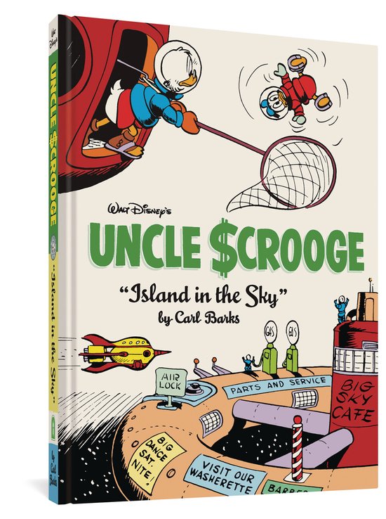 De voorkant van het boek 'Walt Disney's Uncle Scrooge: Island in the Sky' door Carl Barks. Donald Duck vangt met een net een zwevende Mickey Mouse.