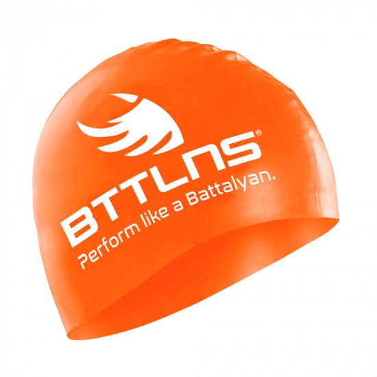 Oranje silicone badmuts met wit BTTLNS logo en tekst, op witte achtergrond.