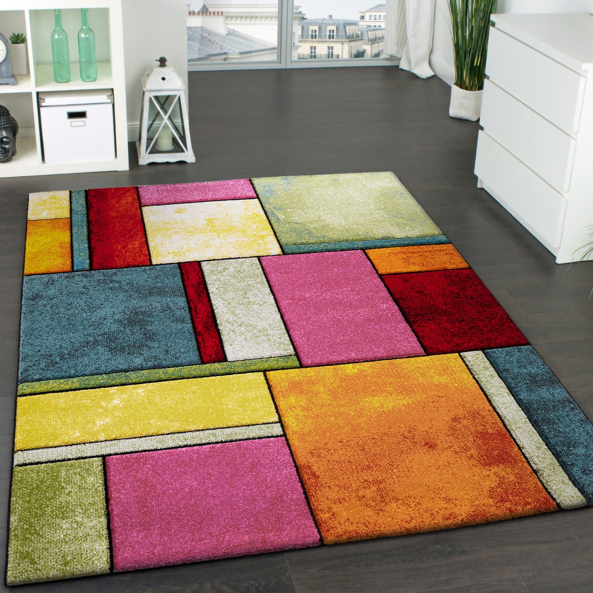 Paco Home Designervloerkleed Modern Laagpolig Woonkamer Bont Trendy Gemêleerd Multicolour, Maat:80x150 cm