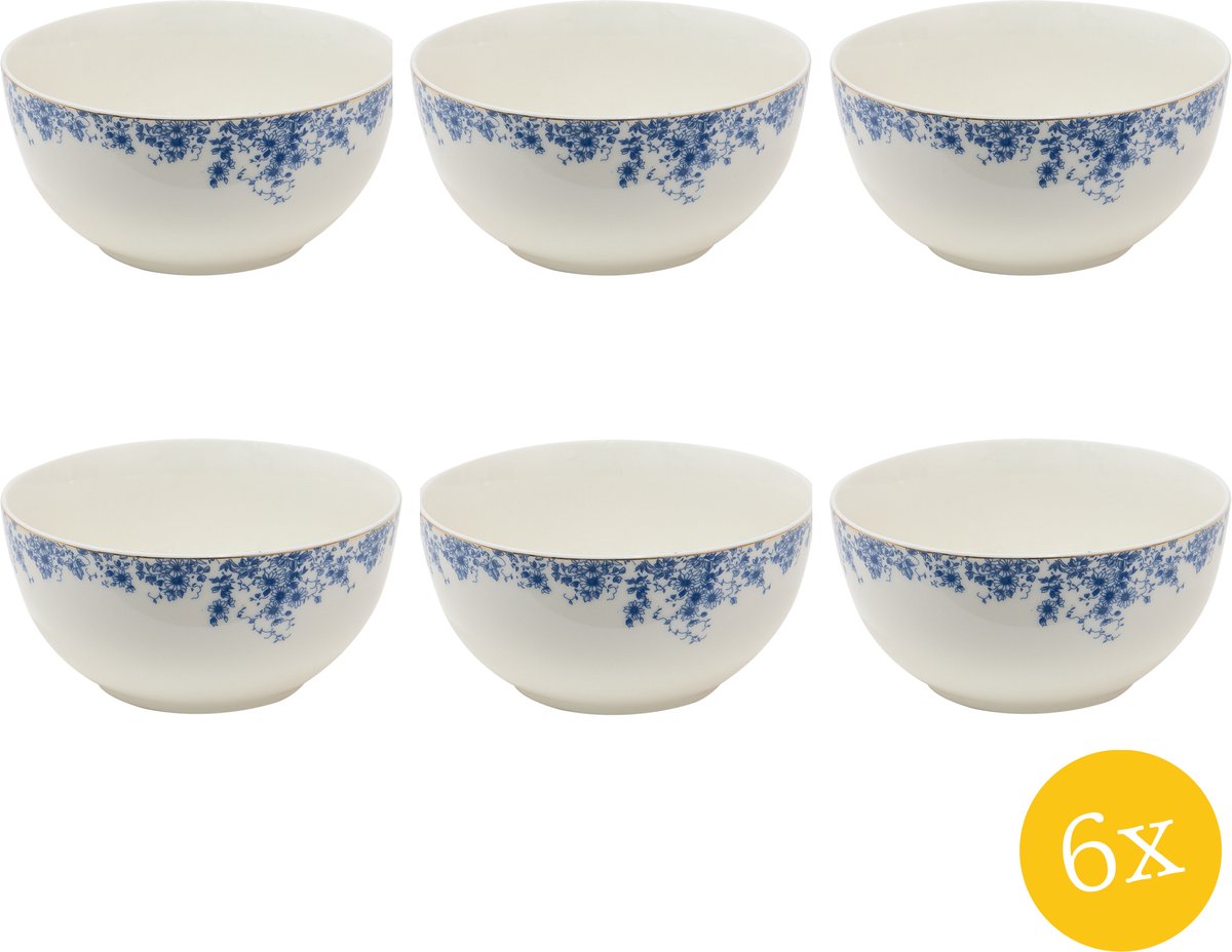 Clayre & Eef Soepkom set van 6 stuks 500 ml Blauw Porselein Rond Bloemen Serveerkom
