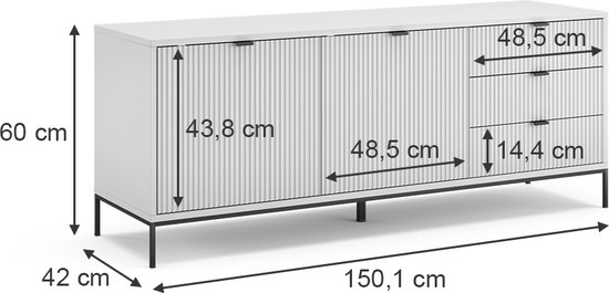 Vicco Meuble TV Eliza, Wit, 150,1 x 60 cm avec 3 tiroirs, 2 portes