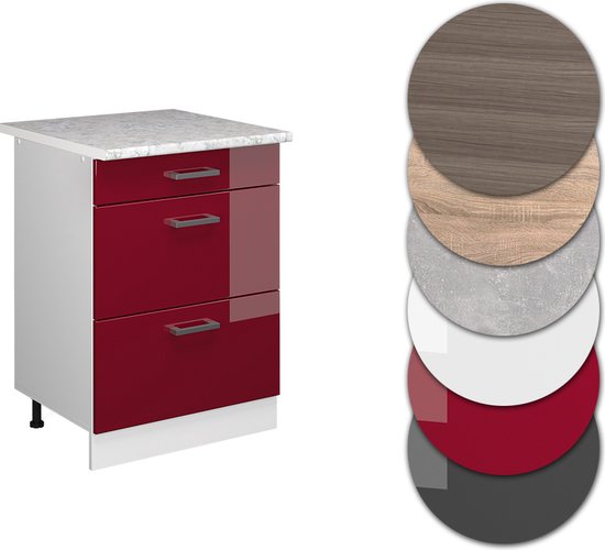 Vicco Élément bas universel R- Line, Rouge bordeaux brillant/ Wit, 60 cm avec tiroirs