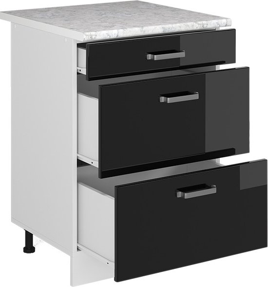 Vicco Élément bas universel R- Line, Zwart brillant/ Wit, 60 cm avec tiroirs