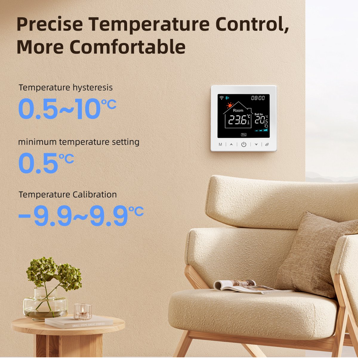 Thermostaat | Wifi | Tiptoetsbediening | Opbouw | Verwarmen | Tuya Smart Life | Zwart thumbnail 5