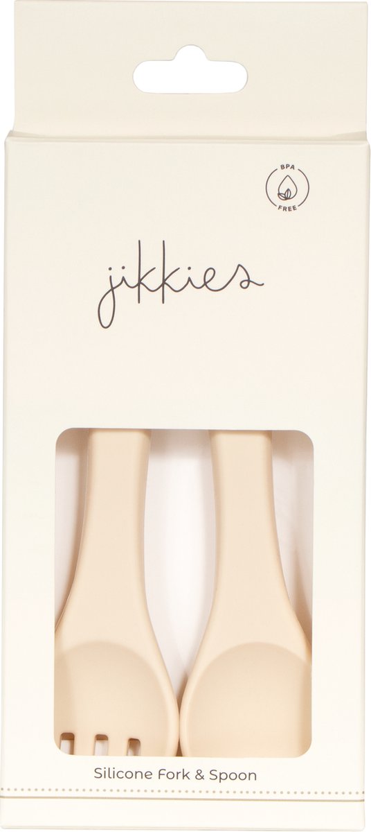 Jikkies® - Siliconen Kinderbestek Set - Peuter Bestek - Lepel & Vork - Beige- Veilig - Getest op EN-norm - Duurzaam - Kindvriendelijk - 100% Siliconen - Vaatwasserbestendig - Magnetronbestendig - Oefenbestek - Ergonomisch bestek van Jikkies — afbeelding 2