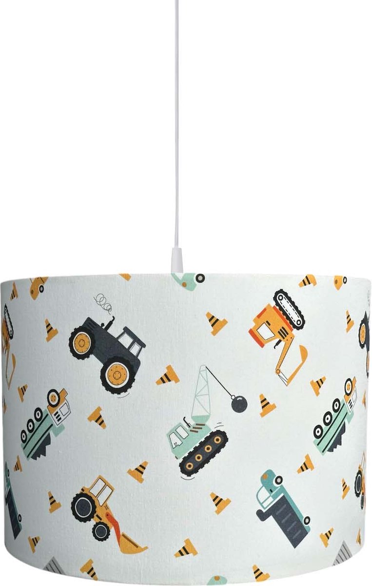 BINK Bedding Hanglamp/Lampenkap Bram 30cm inclusief pendel met toffe voertuigen in mintgroen, oranje en grijs op een ecru ondergrond - graafmachine - vrachtwagen - tractor - kinderkamerverlichting - jongens - bouw - werkmannen