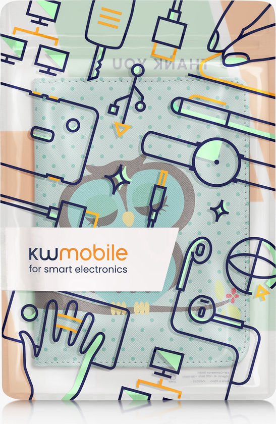 kwmobile e-reader hoesje geschikt voor Kobo Clara BW / Colour hoes - E reader flip case van kunstleer - Ereader cover met stand - Slapende Uil design in turquoise / bruin / mintgroen van Merkloos — afbeelding 3