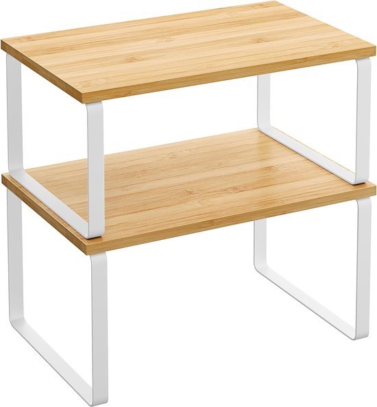 SONGMICS Kruidenrekken, staande keukenplanken, keukenorganizer, set van 2, houtmateriaal, elk 3 planken, uitschuifbaar, stapelbaar, voor voorraadkast, werkblad, Sneeuwwitje-wolkenwit KCS116W01