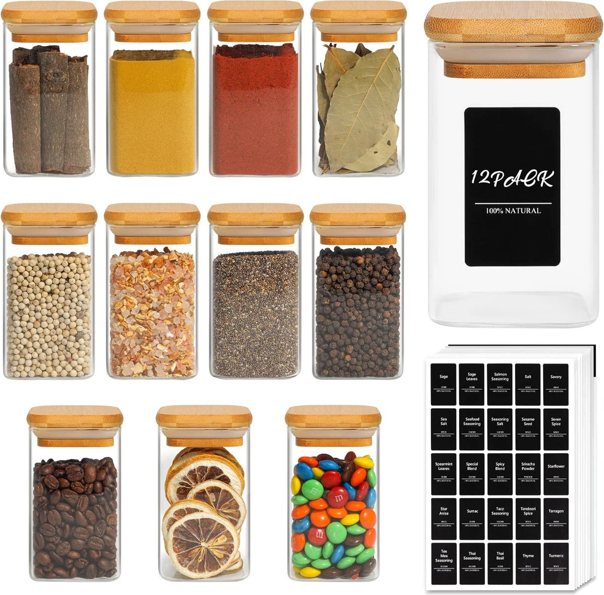 12 stuks glazen kruidenpotjes met bamboe deksels 250 ml vierkante glazen voorraadpotten met 275 zwarte etiketten luchtdichte kruidenpotjes met deksels glazen container voor specerijen zout