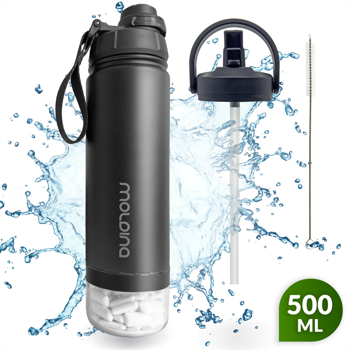 MOLDINA Waterfles met Rietje - Drinkfles 500 ml - Thermosbeker - Met Opslagbodem - Tritan - RVS - Zwart - Vaatwasserbestendig - Waterjug - Halve Liter Thermosfles