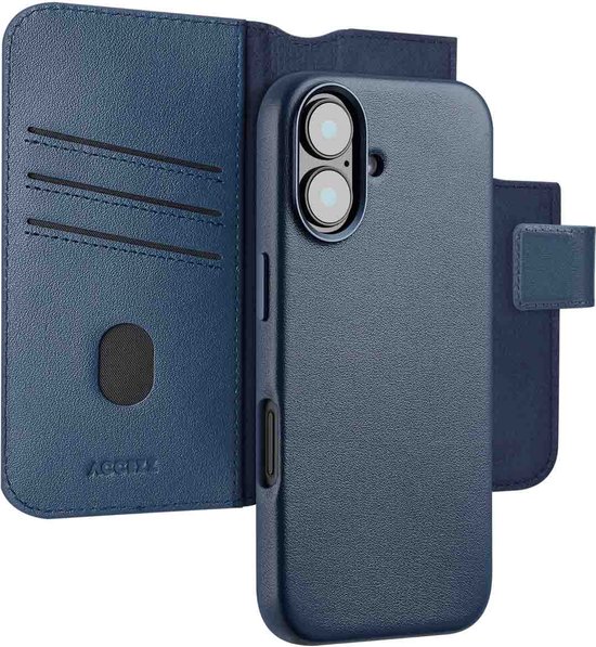 Foto: Accezz hoesje geschikt voor iphone 16 hoesje met pasjeshouder accezz leather bookcase 2 in 1 geschikt voor magsafe donkerblauw