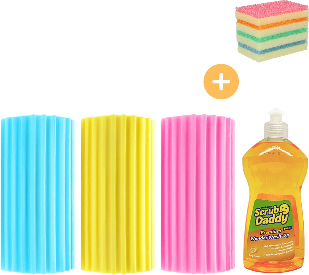 Scrub Daddy Damp Duster 3-Colors met Afwasmiddel Schoonmaakset Schoonmaaktrio Schoonmaakspons Schuursponsjes Krasvrij