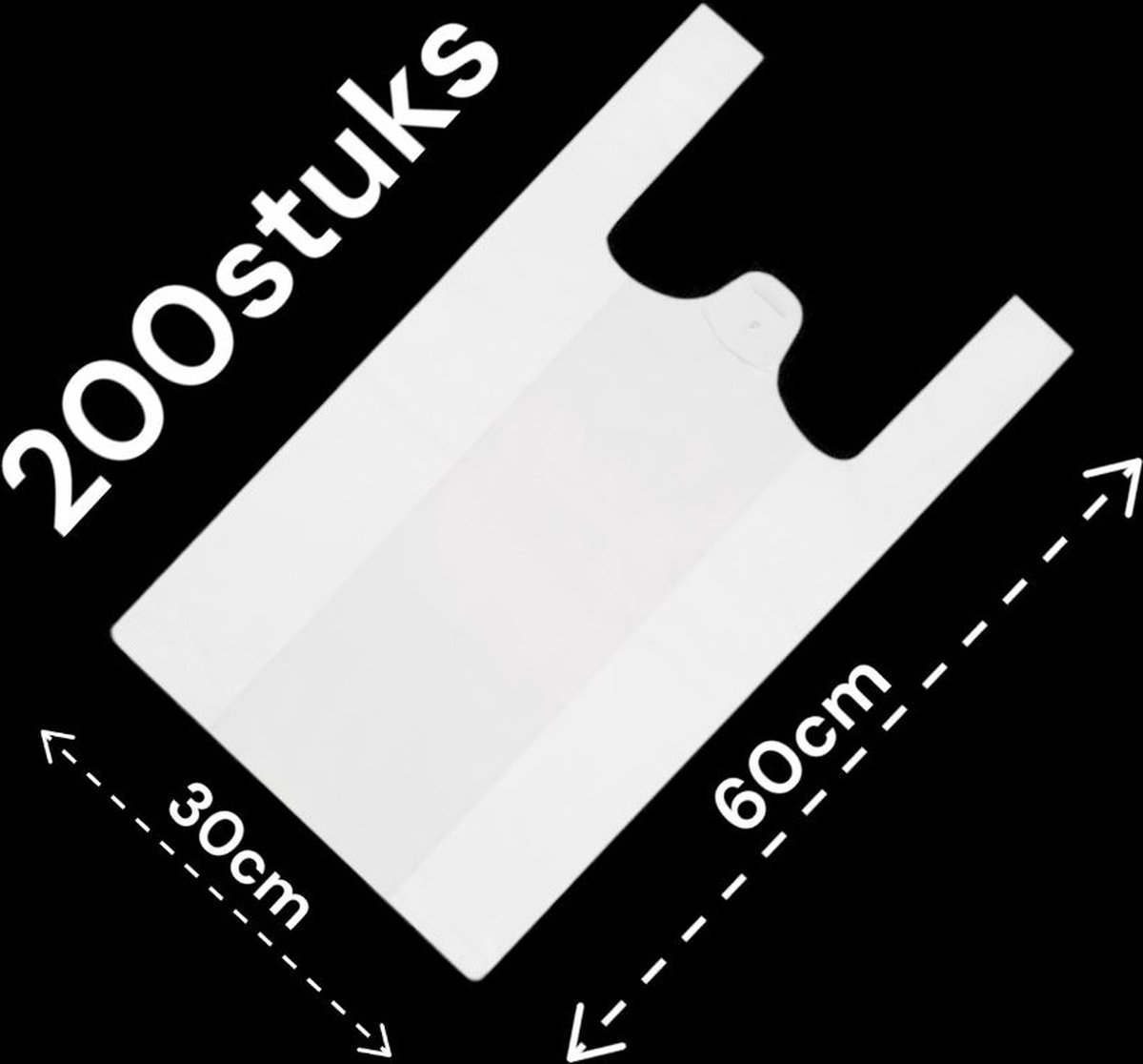 Hemdtasjes / Winkelzakken / Draagtassen / 200 stuks / 30x20x60cm - 14mic / Wit / HDPE.