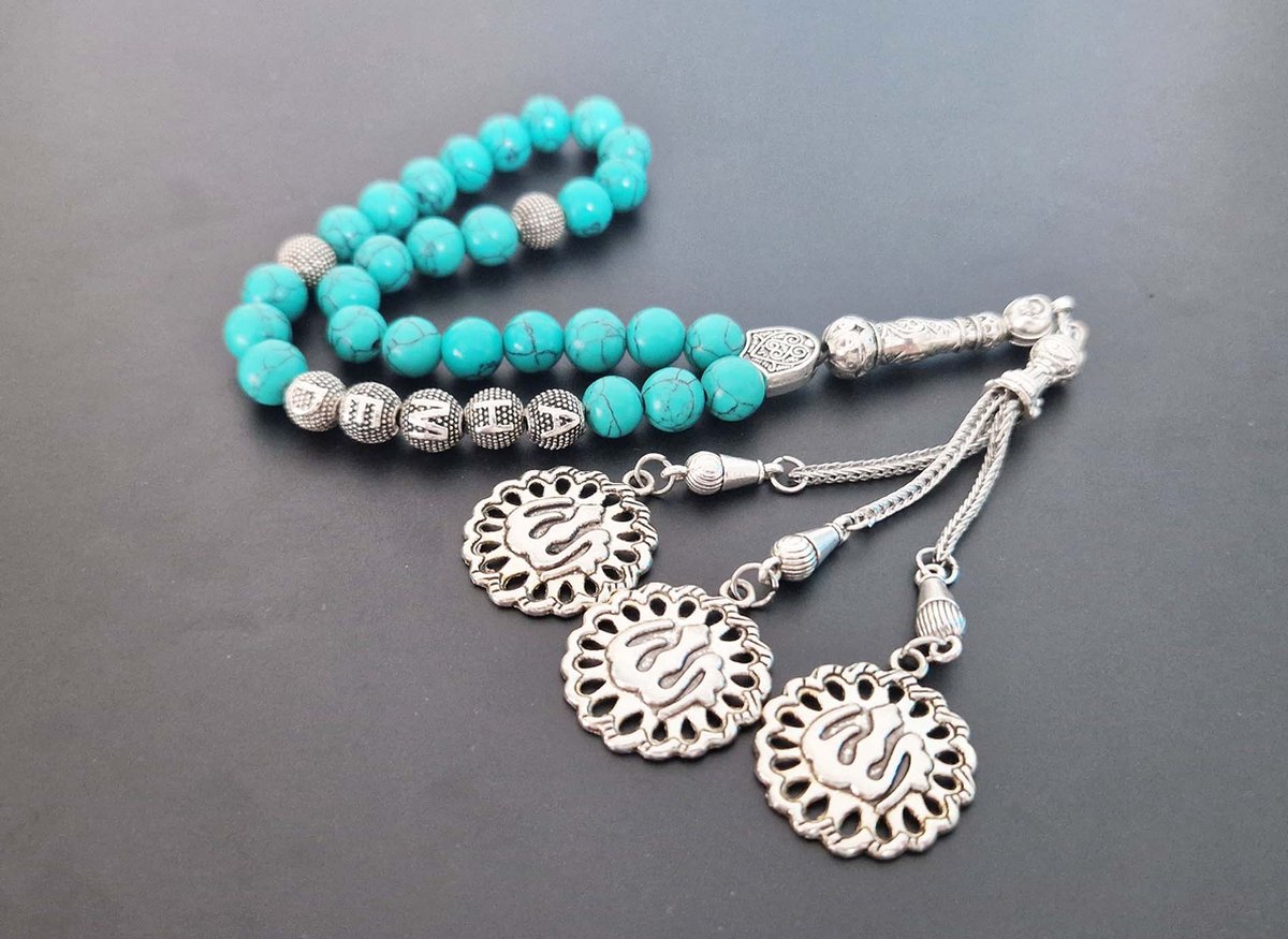 Handgemaakte naam tasbih 33 Kralen Natuursteen “Howliet groen ” - met metaal tassel “Allah Muzakhrafa"- Met je naam of de naam van uw geliefde- 8 mm diameter van de korrel