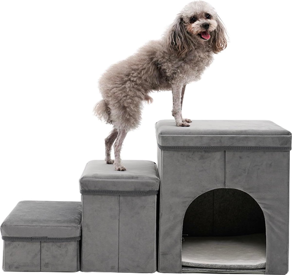 Hondentrap met 3 Treden - Opbergfunctie - 60 cm Hoog - Hondentrap voor Kleine Honden - Kattentrap voor Oude Katten - Zachte Spons - Dierentrap - Grijs/Blauw
