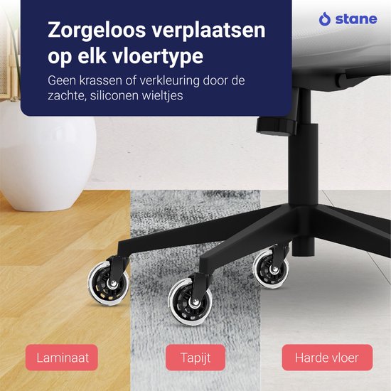 Stane wieltjes zorgen voor zorgeloos verplaatsen op elk vloertype: laminaat, tapijt en harde vloer. Geen krassen of verkleuring door zachte siliconen.