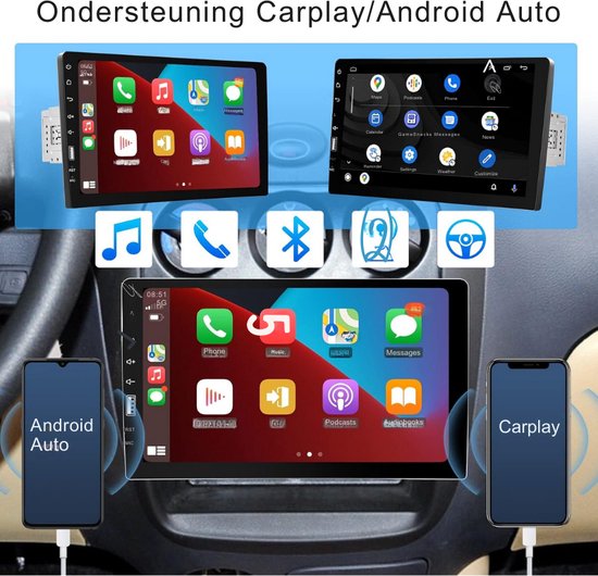 Autoradio 1 Din Apple Carplay Android Auto met Bluetooth handsfree kit 5,1 inch scherm Touchscreen Digitale Media Receiver met Mirror Link Bluetooth FM/AM/3USB/AUX/TF/DSP/MIC Achteruitkijkcamera