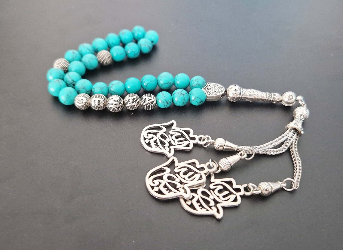 Handgemaakte naam tasbih 33 Kralen Natuursteen “Howliet groen ” - met metaal tassel “Maryams handpalm"- Met je naam of de naam van uw geliefde- 8 mm diameter van de korrel
