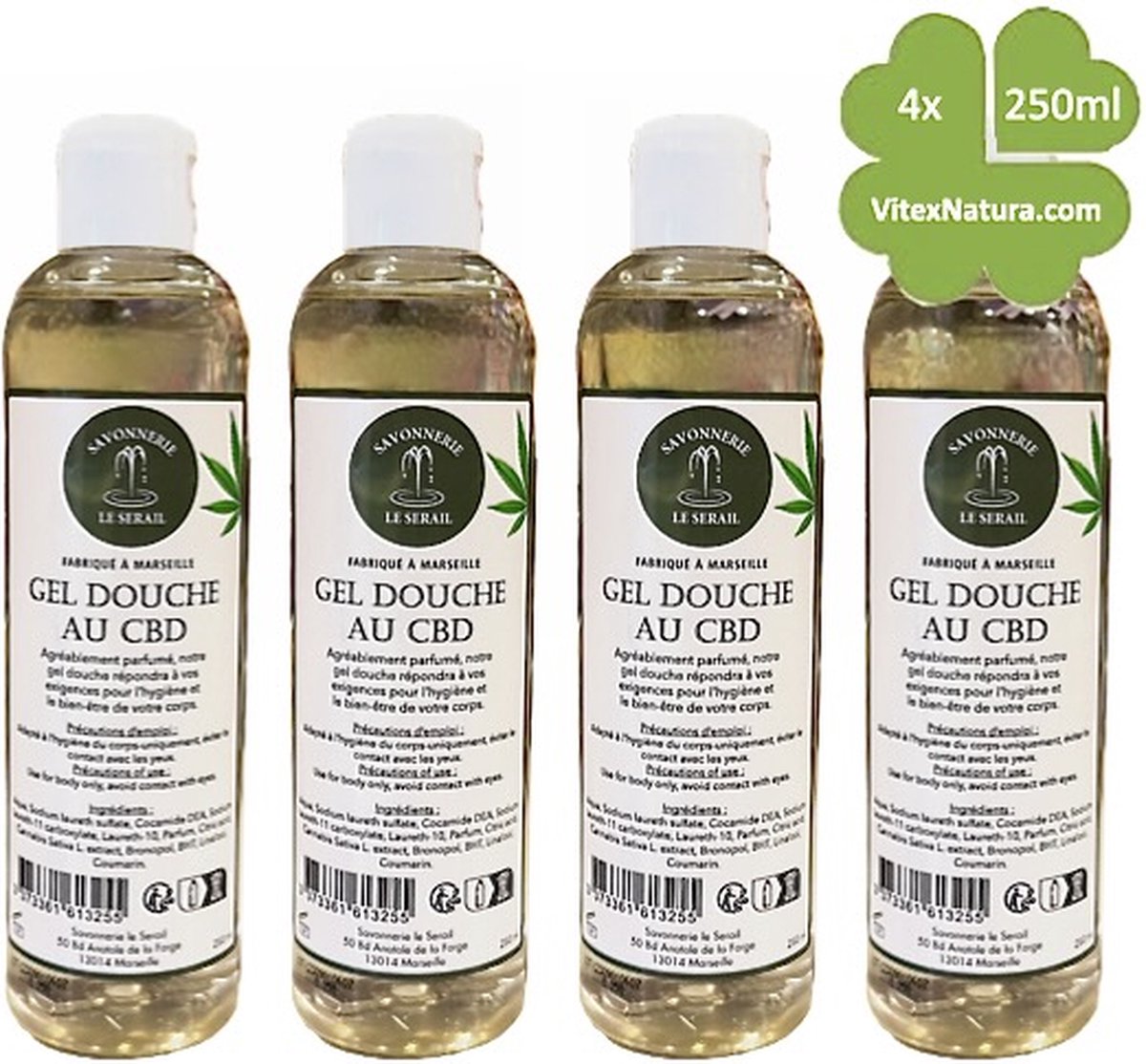 Marseille zeep | CBD cannabis | douche en badgel 4x250ml | Ambachtelijke zeep van Le Serail