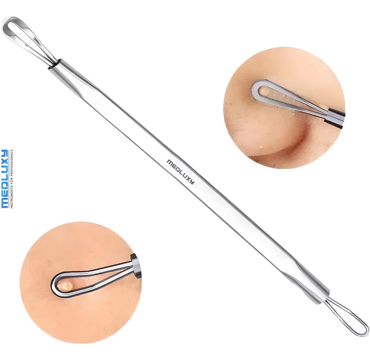 MEDLUXY® - Comedonendrukker (mee-eter verwijderaar) - Lusmodel - Dubbelzijdig - Draadlus en Platte Spatellus - 12 cm