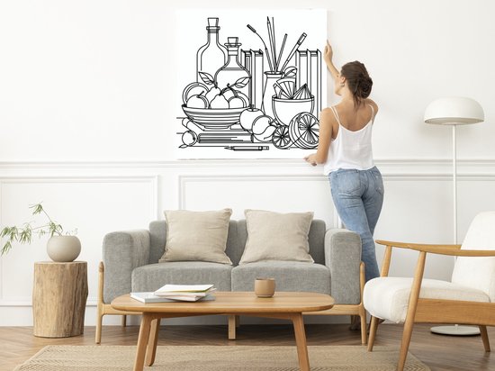 Line art stilleven schilderij | Tussen de lijnen: een stilleven van verborgen betekenissen | Kunst - 50x50 centimeter op Dibond | Foto op Dibond
