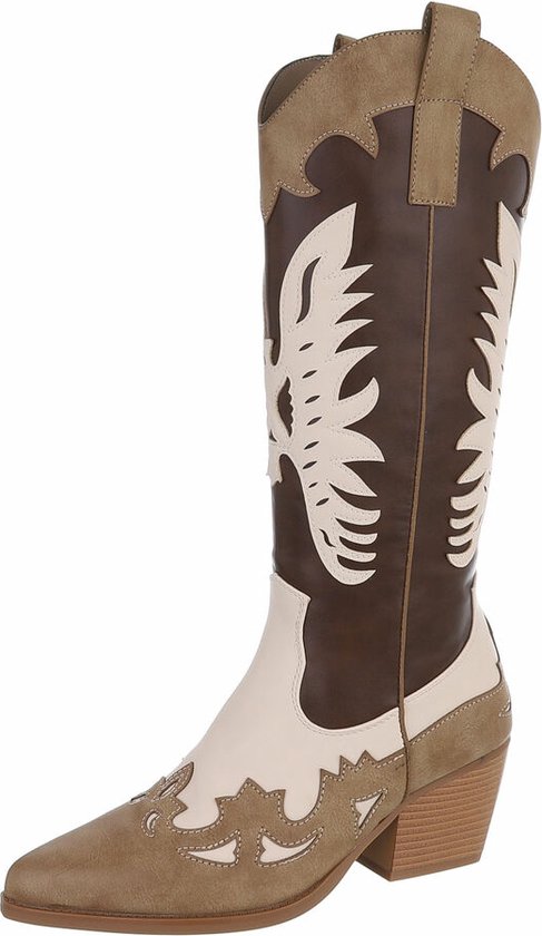 ZoeZo Design - bottes de cowboy - nouvelle collection - automne/hiver 2024/2025 - bottes longues - bottes western - cuir PU de haute qualité - marron - beige - écru - 3 nuances de marron - avec surpiqûres - taille 36 - hauteur du talon 6 cm