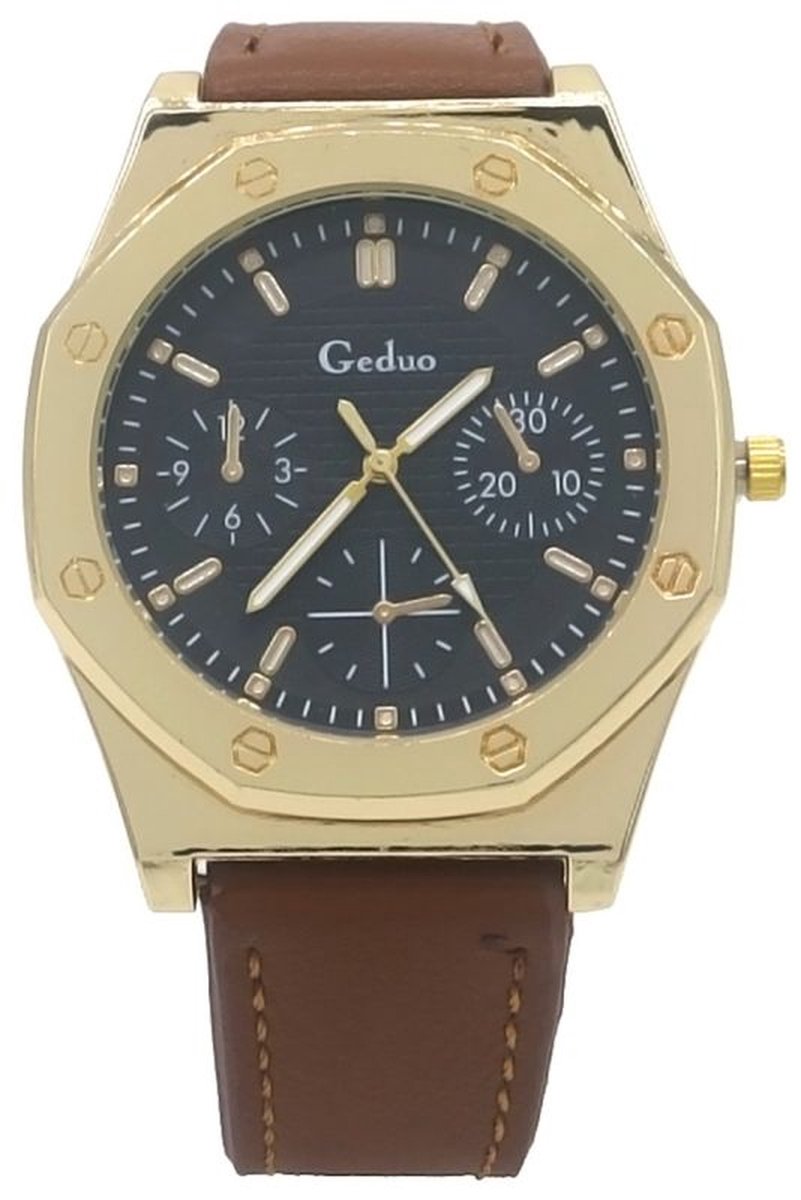 Horloge - klok - tijd - analoog - verstelbaar - sieraad - accessoire - rond - tijd - pols - zwart - goudkleurig - hip - trendy - chique - cadeau - geschenk - feest - heren - mannen - kunstleer