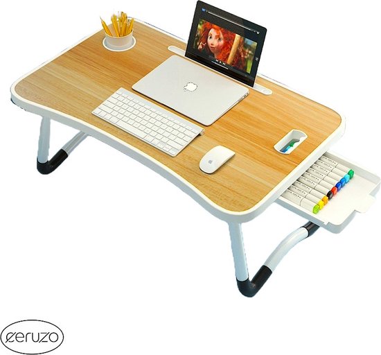 Foto: Ceruzo opklapbare laptoptafel bedtafel 60x40 cm houtmotief ontbijt op bed bank tafeltje