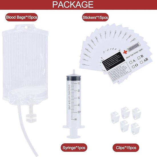 Poche De Sang à Remplir 10 Sacs De Sang Boisson Halloween 350ml - Avec Seringues Et Autocollants - Déco Fête Zombie Sachets Sang Boisson