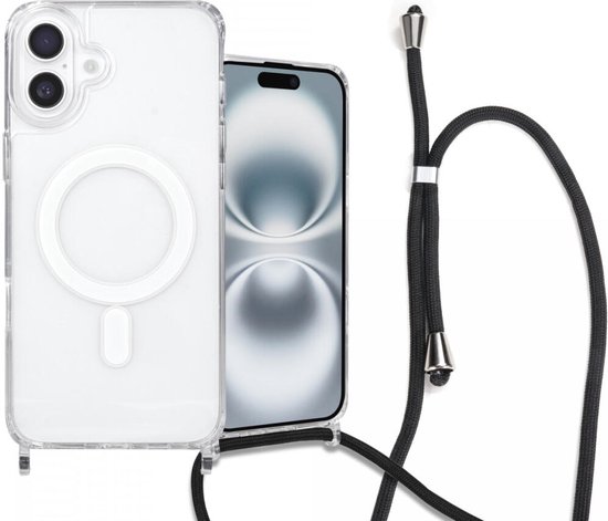 Coque avec Cordon pour Apple iPhone 16 - Compatible avec MagSafe - TPU Flexible Antichoc - Coque Arrière avec Collier - Transparente