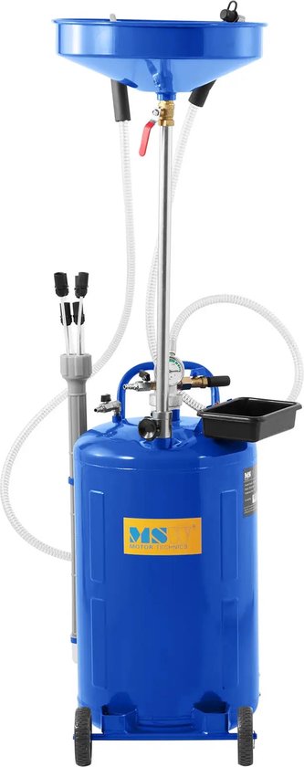 Blauw olievat op wielen, met een in hoogte verstelbare steel met trechter, slangen en een opvangbakje.