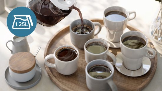 Le café est versé dans cinq tasses à partir d'une verseuse, avec une icône '1.25L'.
