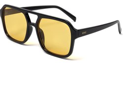 KIMU® Influencer Zonnebril - Zwart Montuur - Gele Glazen - Social Media Hollywood Stoer Hip Retro Avator Trendsetter Celebrity Pilotenbril Halloween
