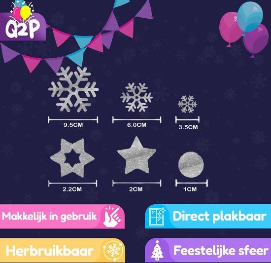 Zilveren sneeuwvlokken en sterren met afmetingen, op een donkere achtergrond.