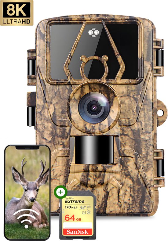 Belime® Wildcamera met Nachtzicht voor Buiten – 8K Ultra HD & 60MP – Wildlife – Infrarood Sensor – Waterdicht - WiFi & App – LCD Scherm-Met Gratis 64GB SD Kaart.