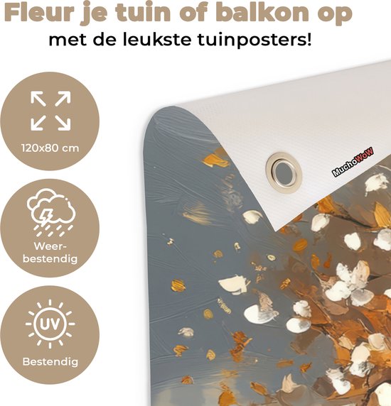 Tuinposter 120x80 cm - Tuindecoratie Herfst - Boom - Oranje - Bladeren - Levensboom - Abstract - Poster voor in de tuin - Buiten decoratie - Schutting tuinschilderij - Tuindoek muurdecoratie - Wanddecoratie balkondoek