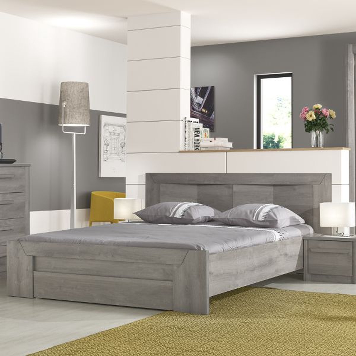 Tweepersoonsbed Hayden met lade 140x200 - lichtgrijze eik - Gautier - Gami - Tweepersoons bedkader - Grijs - Spaanplaat Tweepersoons Normaal bed