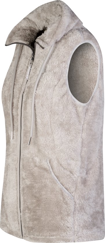 Beige fleece bodywarmer voor dames, met opstaande kraag en gesloten rits.