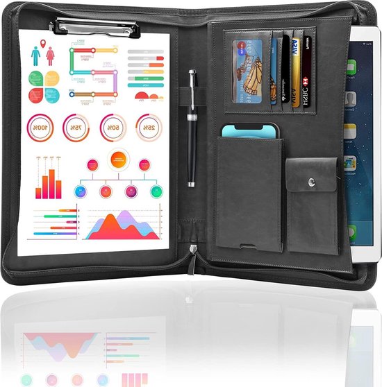 Portable Conference Folder A4 Zippered Leather Portfolio Clipboard Document Organizer with Calculator Business Presentation Writing Pad with Handle Brown Portable