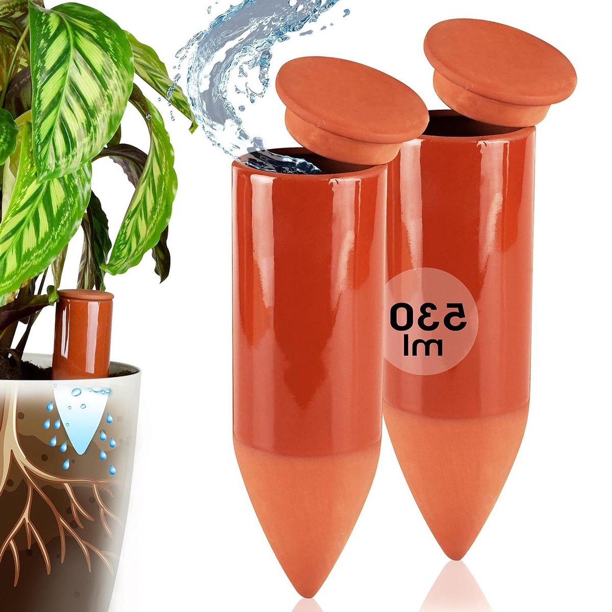 Terracotta Watering Aid Handmade Indoor Plant Irrigation - 530 ml x 2 Capacity - Water Level Indicator Houseplants Watering Can
