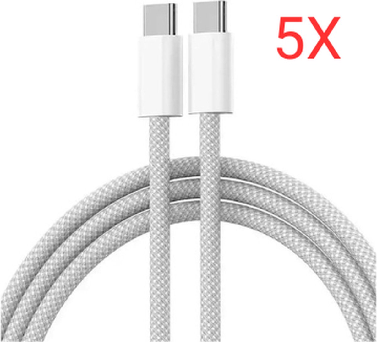 Viewr - Braided USB-C naar USB-C kabel - 5 Stuks - 1 Meter - Oplader Kabel - Snel Lader - Gevlochten Kabel - 60W geschikt voor Apple iPhone 15 Series & 16 Series & 17 Series