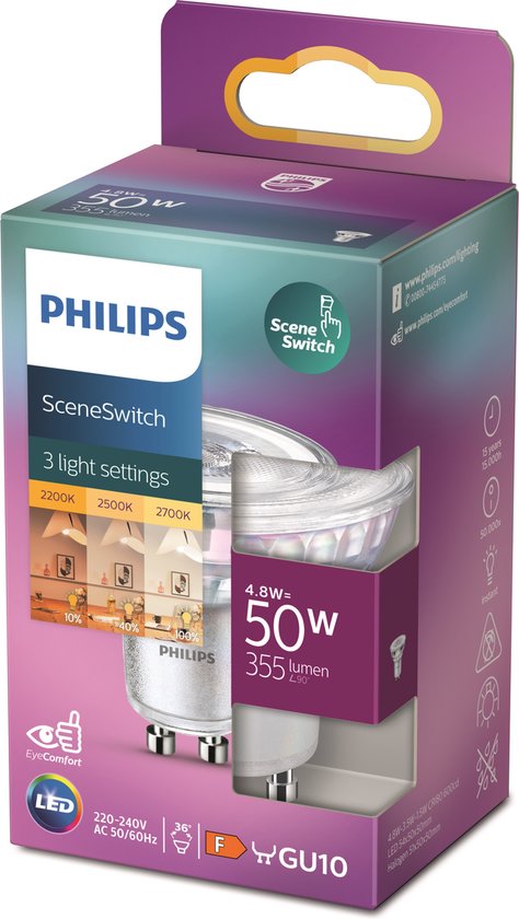 Foto: Philips sceneswitch led gu10 5w 50w 2700k ssw 3 standen 50w 25w 10w scene switch