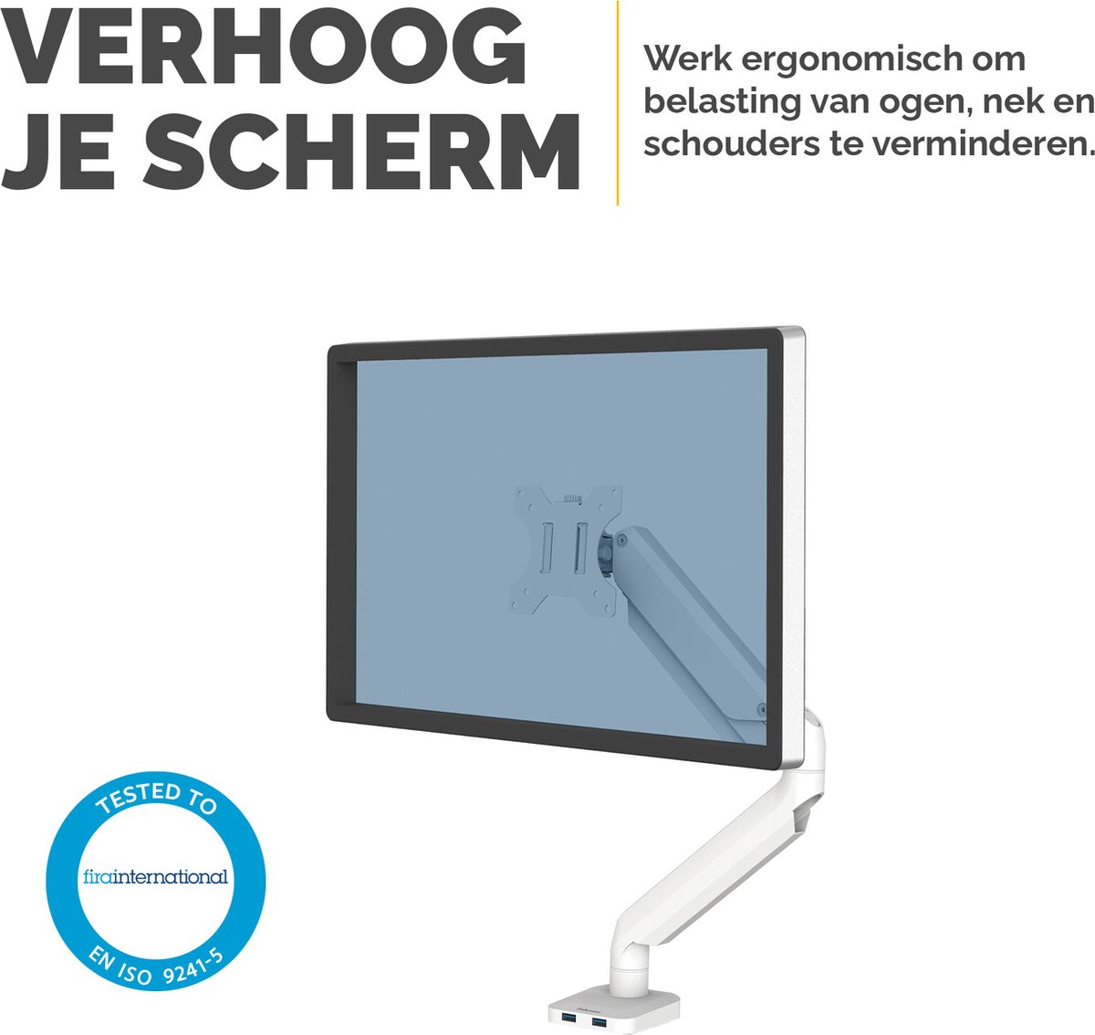 Fellowes Platinum - Monitor Arm - 1 scherm - Tot 8 kg - Tot 32 inch - Gasveer - USB - Wit thumbnail 4